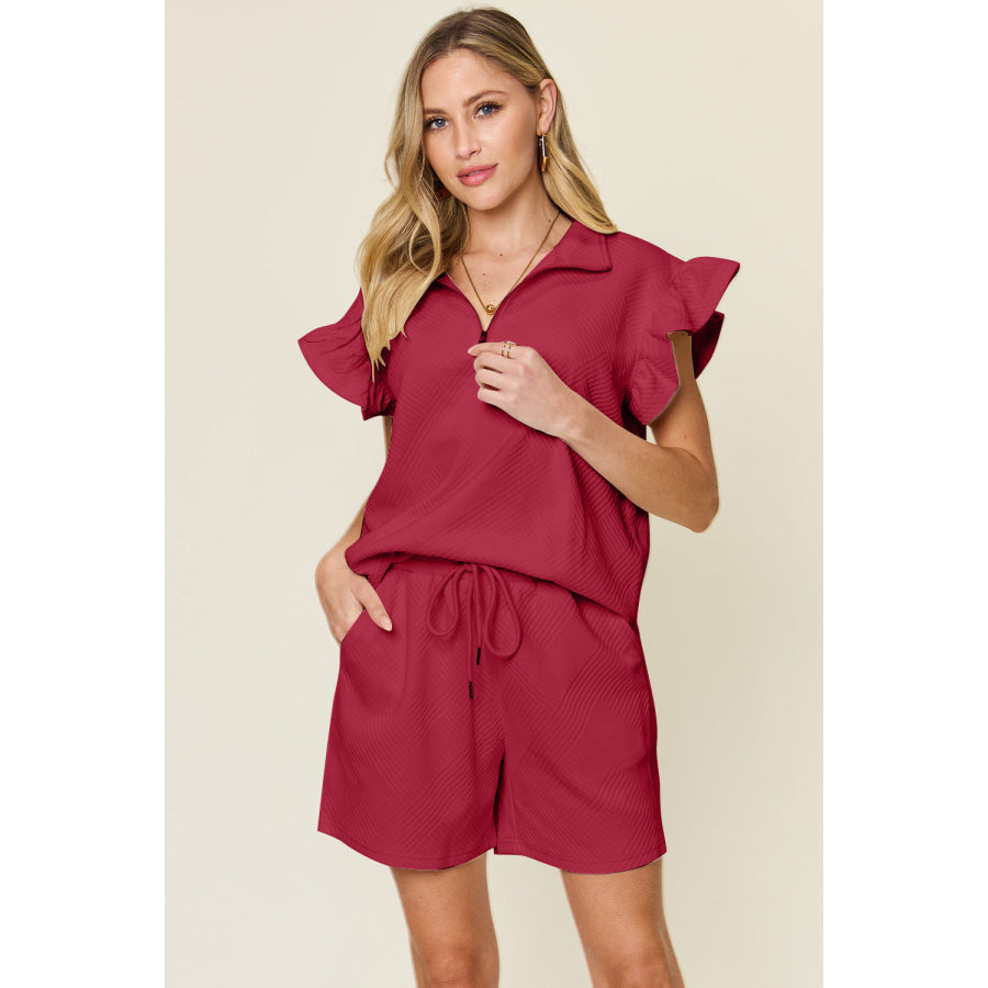 Double Take Full Size Texture Flounce Sleeve Top and Drawstring Shorts Set Deep Red / S Apparel and Accessories