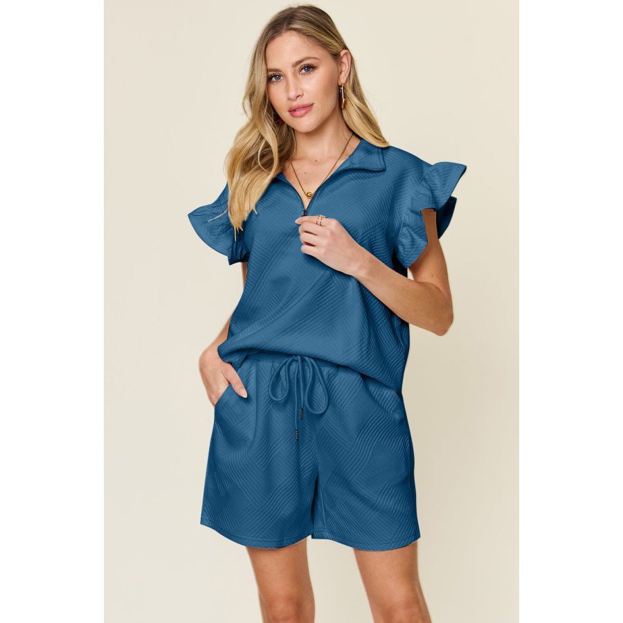 Double Take Full Size Texture Flounce Sleeve Top and Drawstring Shorts Set French Blue / S Apparel and Accessories