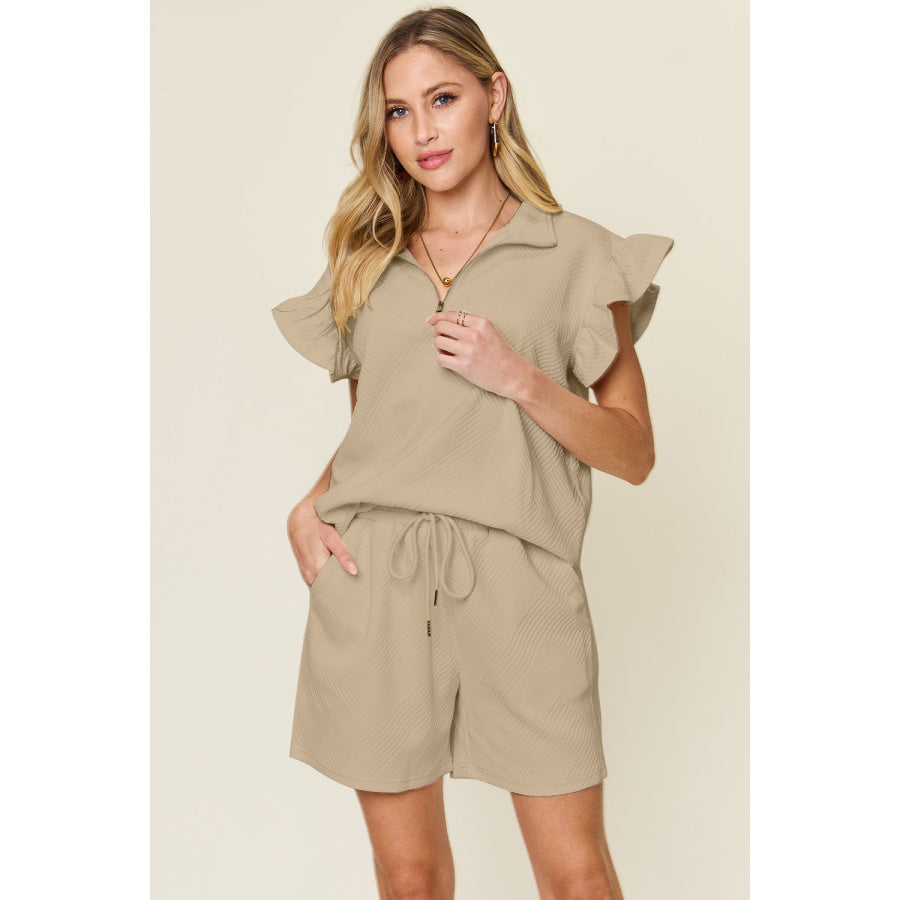 Double Take Full Size Texture Flounce Sleeve Top and Drawstring Shorts Set Khaki / S Apparel and Accessories