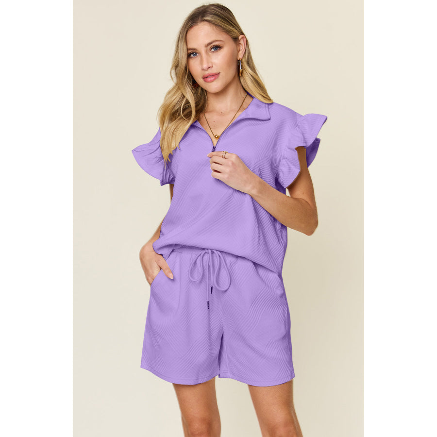 Double Take Full Size Texture Flounce Sleeve Top and Drawstring Shorts Set Lavender / S Apparel and Accessories