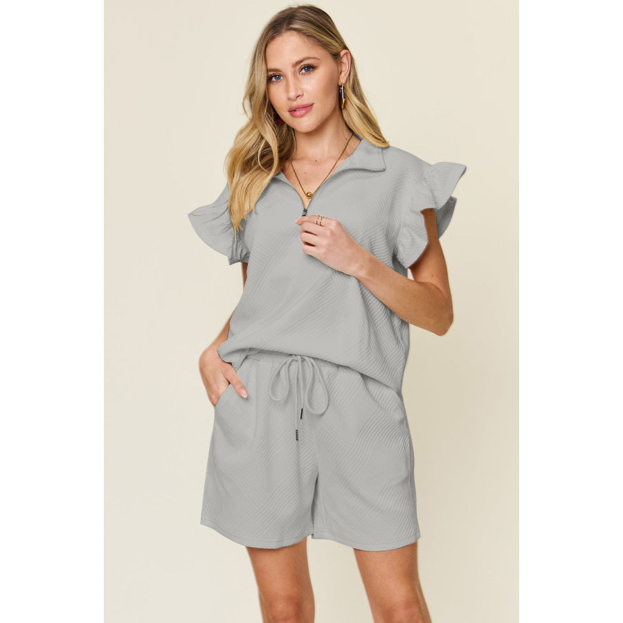 Double Take Full Size Texture Flounce Sleeve Top and Drawstring Shorts Set Light Gray / S Apparel and Accessories