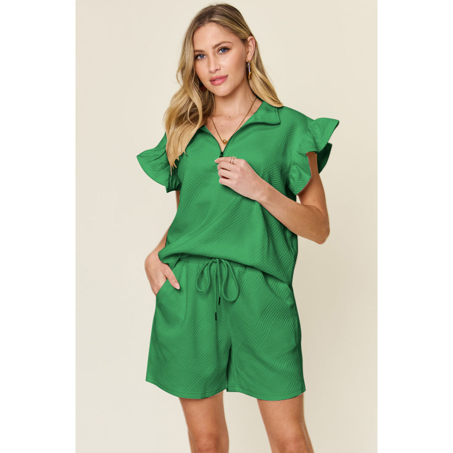 Double Take Full Size Texture Flounce Sleeve Top and Drawstring Shorts Set Mid Green / S Apparel and Accessories