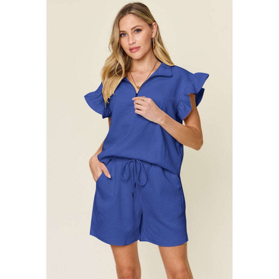 Double Take Full Size Texture Flounce Sleeve Top and Drawstring Shorts Set Royal Blue / S Apparel and Accessories