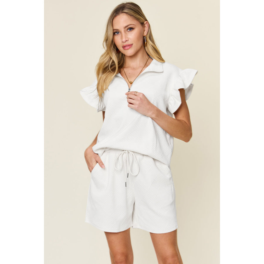 Double Take Full Size Texture Flounce Sleeve Top and Drawstring Shorts Set White / S Apparel and Accessories