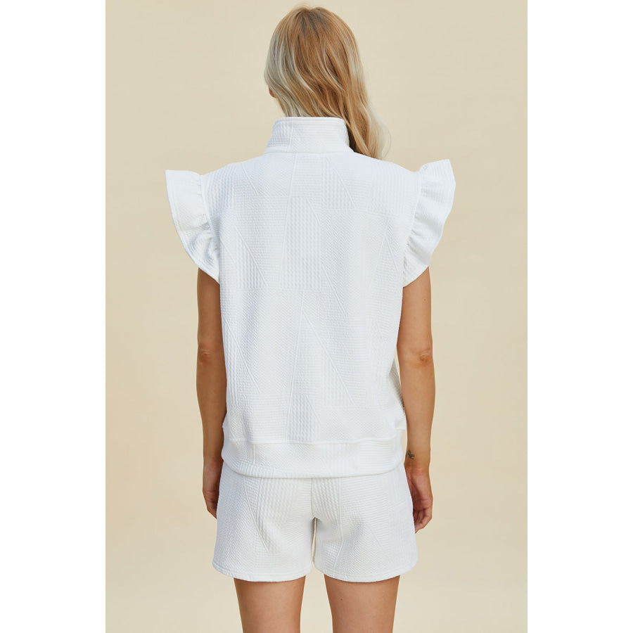 Double Take Full Size Texture Flounce Sleeve Top and Shorts Set White / S Apparel and Accessories