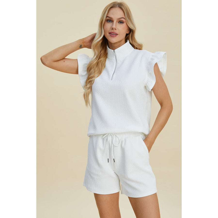 Double Take Full Size Texture Flounce Sleeve Top and Shorts Set Apparel and Accessories