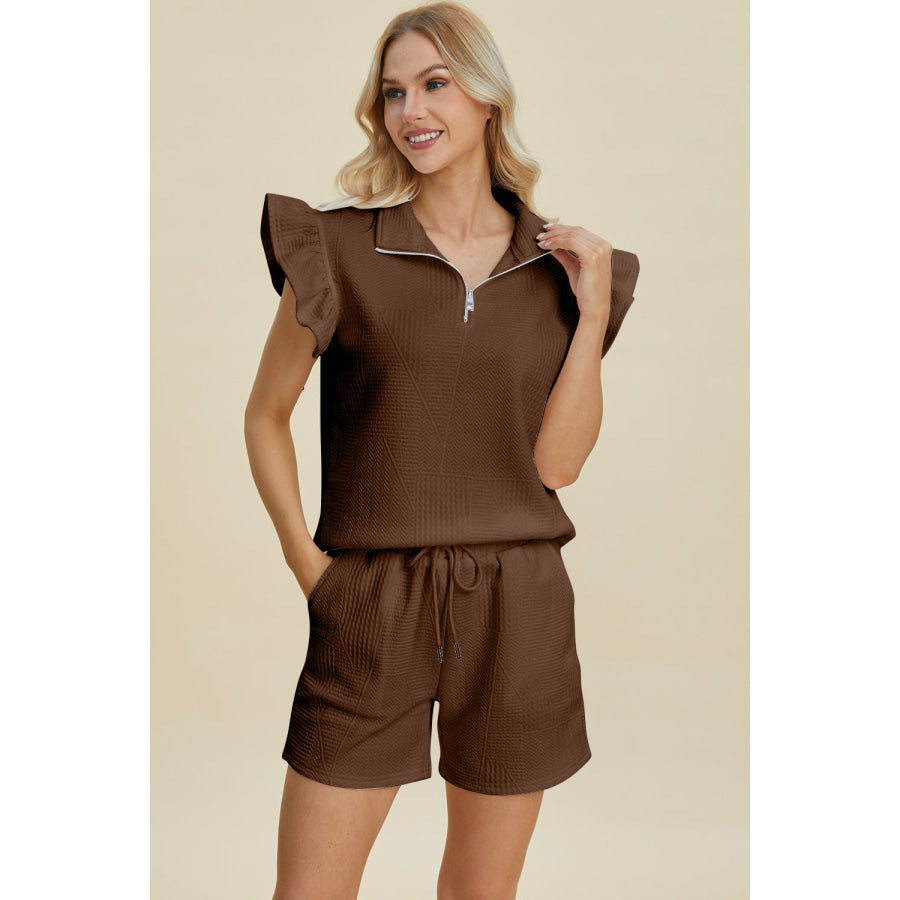 Double Take Full Size Texture Flounce Sleeve Top and Shorts Set Apparel and Accessories