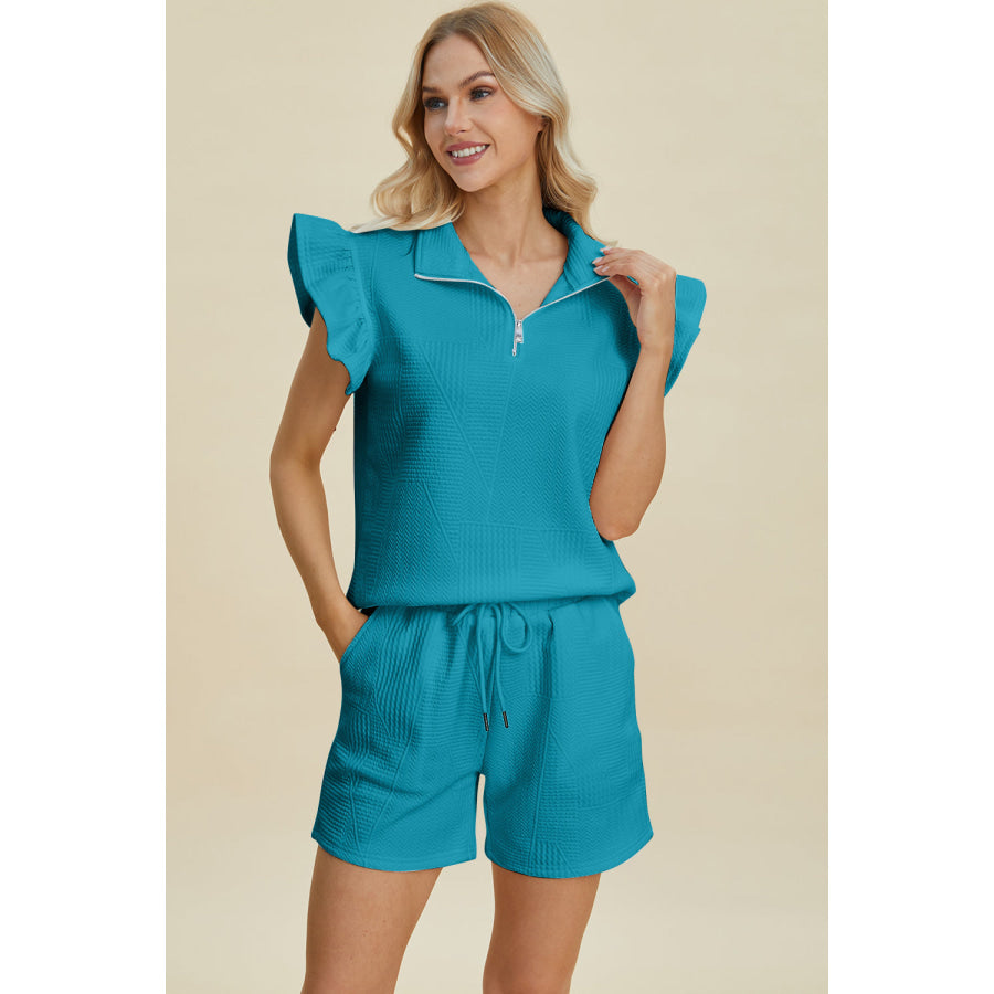 Double Take Full Size Texture Flounce Sleeve Top and Shorts Set Apparel and Accessories