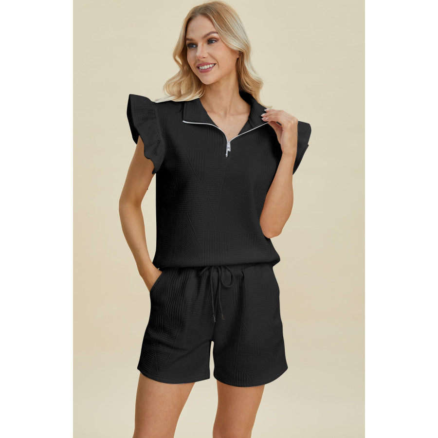 Double Take Full Size Texture Flounce Sleeve Top and Shorts Set Black / S Apparel and Accessories