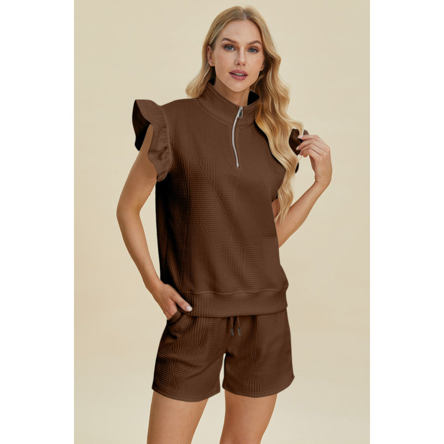 Double Take Full Size Texture Flounce Sleeve Top and Shorts Set Brown / S Apparel and Accessories