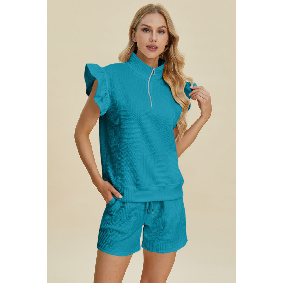 Double Take Full Size Texture Flounce Sleeve Top and Shorts Set Cerulean / S Apparel and Accessories