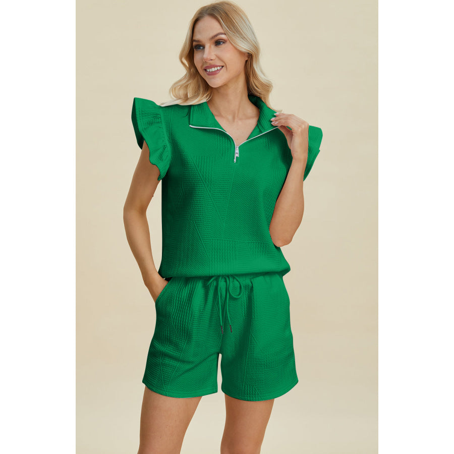 Double Take Full Size Texture Flounce Sleeve Top and Shorts Set Green / S Apparel and Accessories