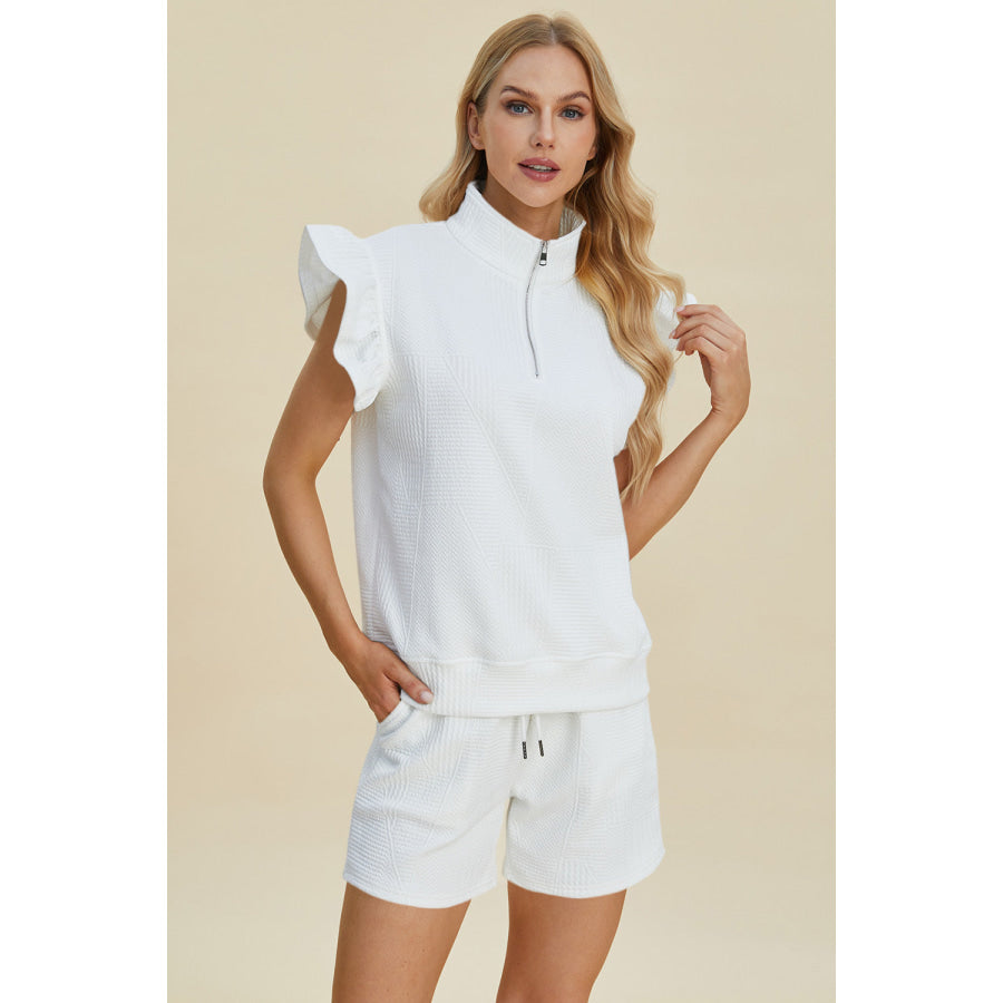 Double Take Full Size Texture Flounce Sleeve Top and Shorts Set White / S Apparel and Accessories