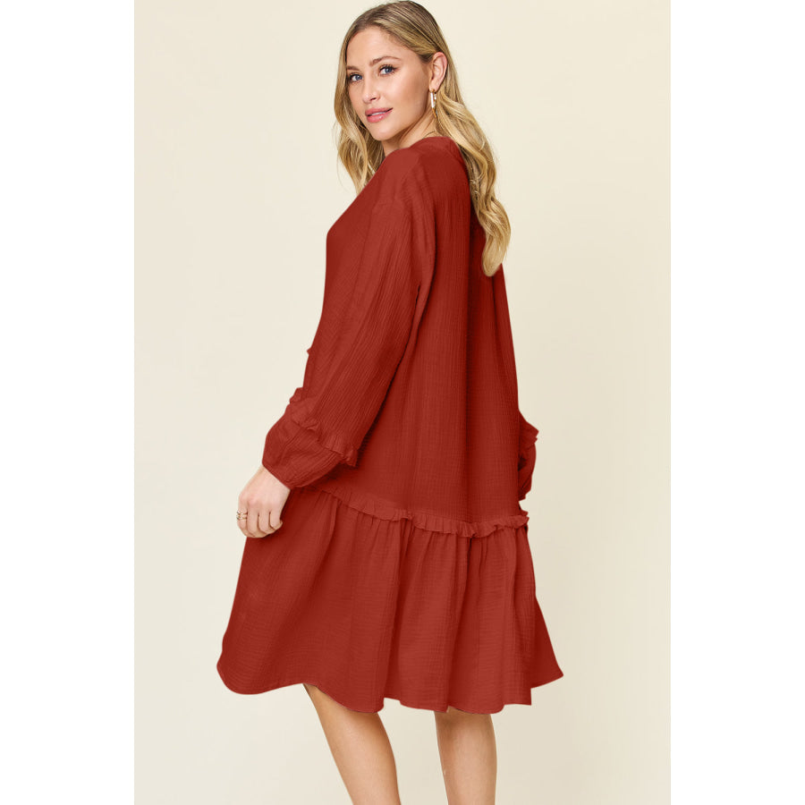 Double Take Full Size Texture Half Button Ruffle Trim Dress Apparel and Accessories