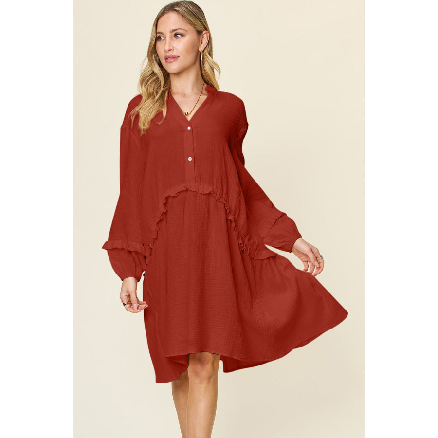 Double Take Full Size Texture Half Button Ruffle Trim Dress Caramel / S Apparel and Accessories