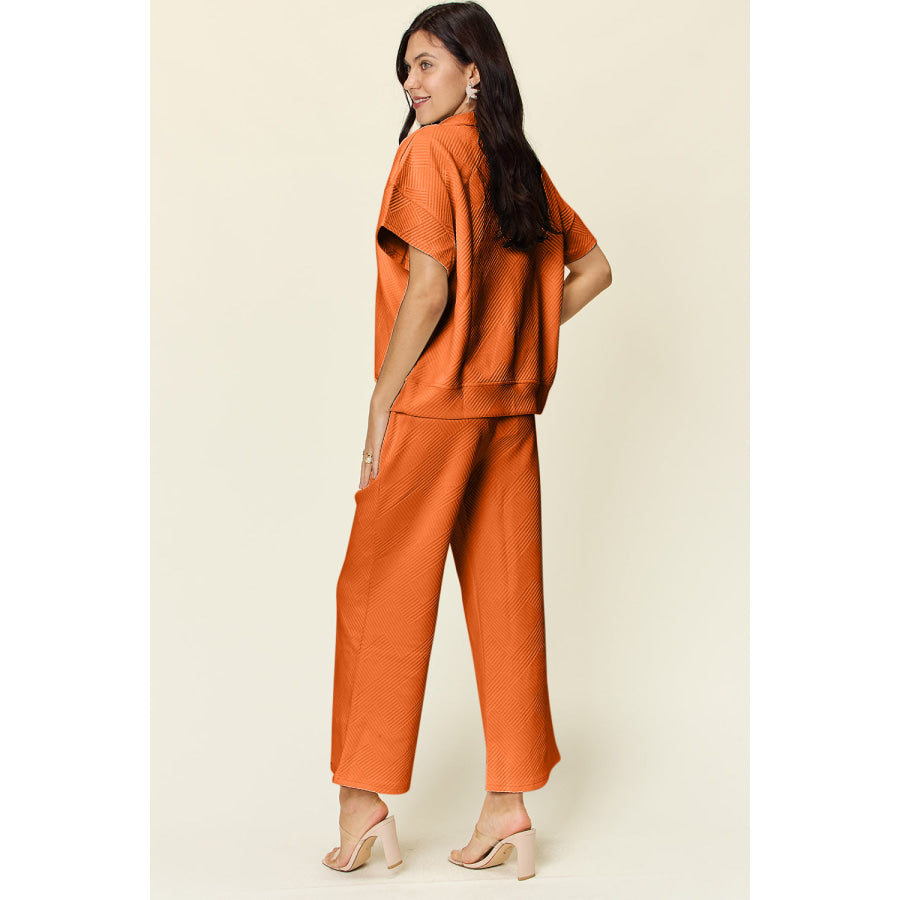 Double Take Full Size Texture Half Zip Short Sleeve Top and Pants Set Apparel and Accessories