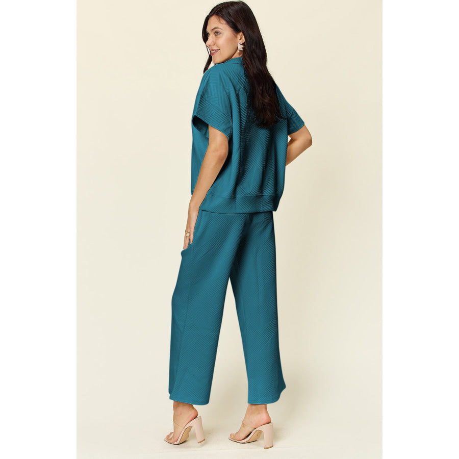 Double Take Full Size Texture Half Zip Short Sleeve Top and Pants Set Teal / S Apparel and Accessories