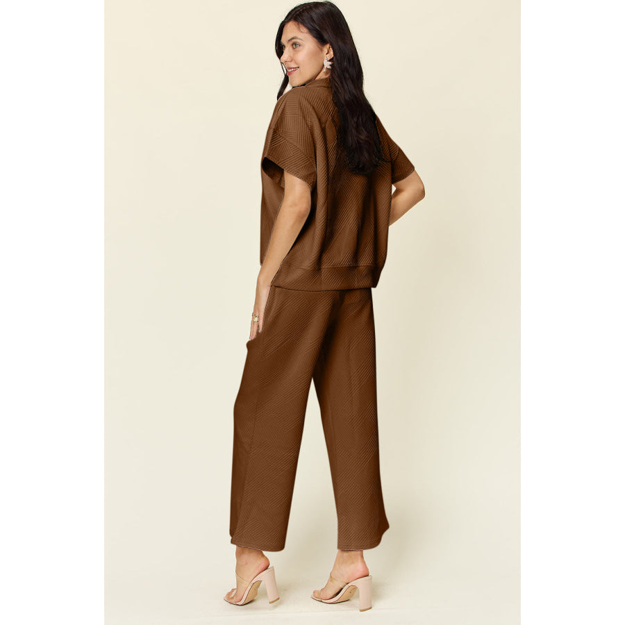 Double Take Full Size Texture Half Zip Short Sleeve Top and Pants Set Mocha / S Apparel and Accessories