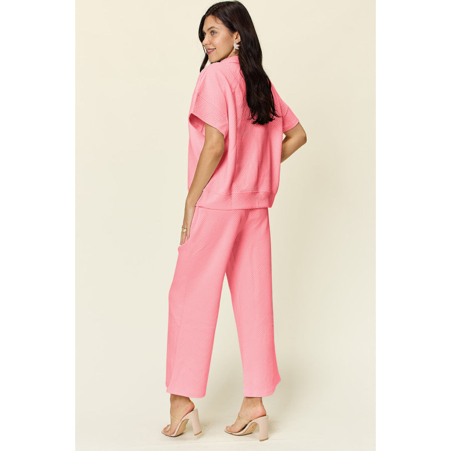 Double Take Full Size Texture Half Zip Short Sleeve Top and Pants Set Pink / S Apparel and Accessories