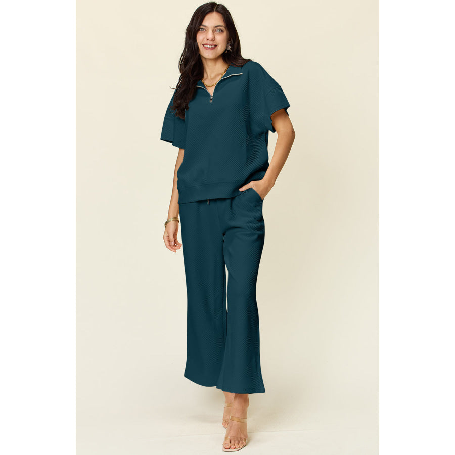 Double Take Full Size Texture Half Zip Short Sleeve Top and Pants Set Deep Teal / S Apparel and Accessories