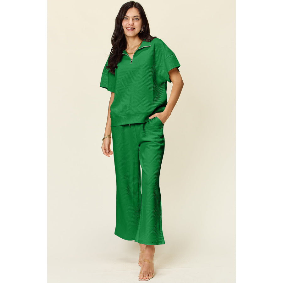 Double Take Full Size Texture Half Zip Short Sleeve Top and Pants Set Green / S Apparel and Accessories