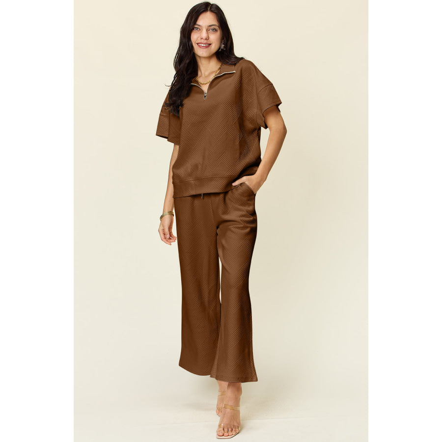 Double Take Full Size Texture Half Zip Short Sleeve Top and Pants Set Mocha / S Apparel and Accessories