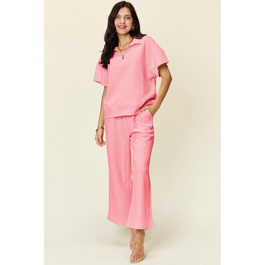 Double Take Full Size Texture Half Zip Short Sleeve Top and Pants Set Pink / S Apparel and Accessories