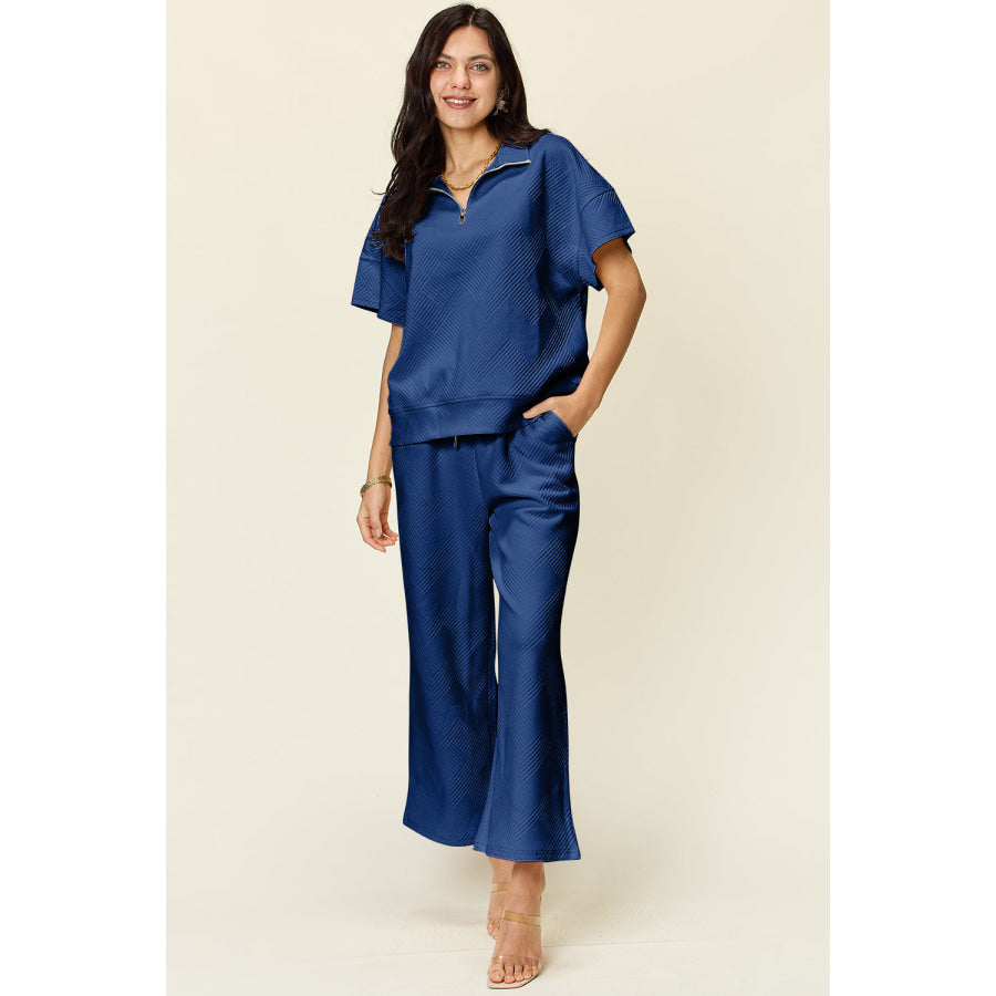 Double Take Full Size Texture Half Zip Short Sleeve Top and Pants Set Royal Blue / S Apparel and Accessories