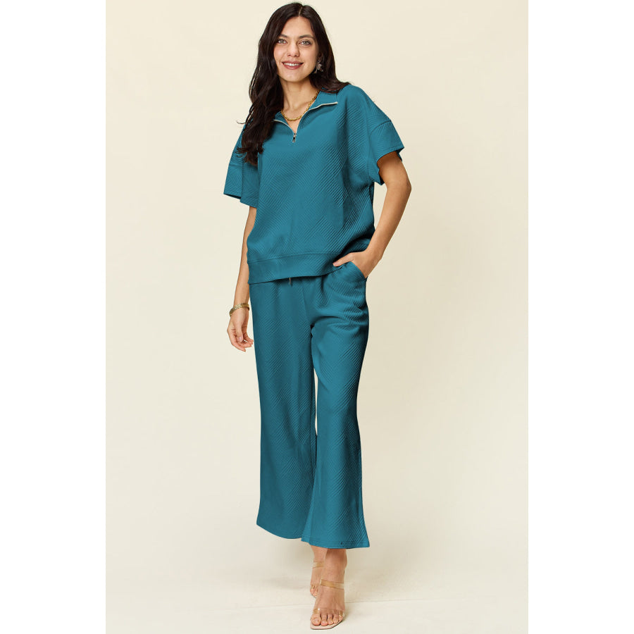 Double Take Full Size Texture Half Zip Short Sleeve Top and Pants Set Teal / S Apparel and Accessories