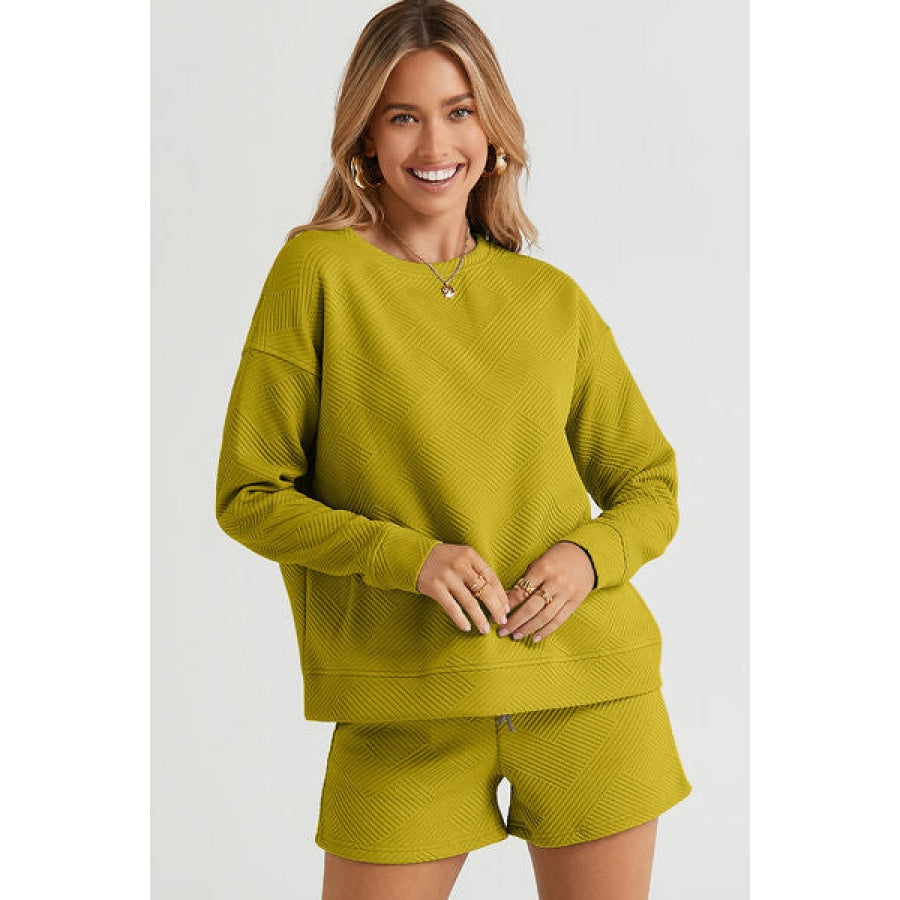 Double Take Full Size Texture Long Sleeve Top and Drawstring Shorts Set Chartreuse / S Clothing