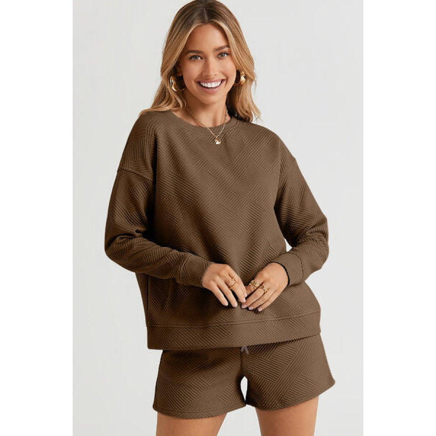 Double Take Full Size Texture Long Sleeve Top and Drawstring Shorts Set Chestnut / S Clothing