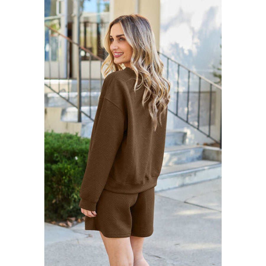 Double Take Full Size Texture Long Sleeve Top and Drawstring Shorts Set Chestnut / S Clothing