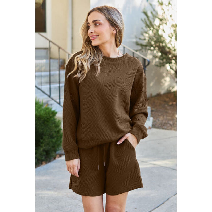 Double Take Full Size Texture Long Sleeve Top and Drawstring Shorts Set Clothing