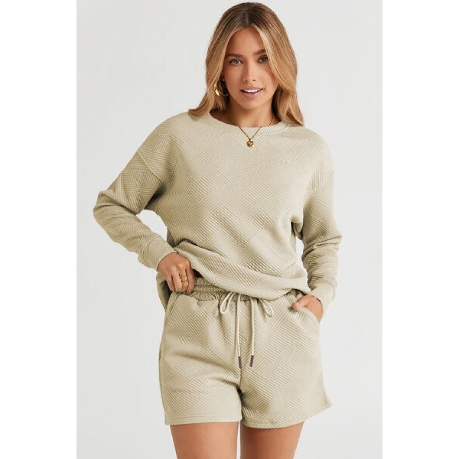 Double Take Full Size Texture Long Sleeve Top and Drawstring Shorts Set Clothing