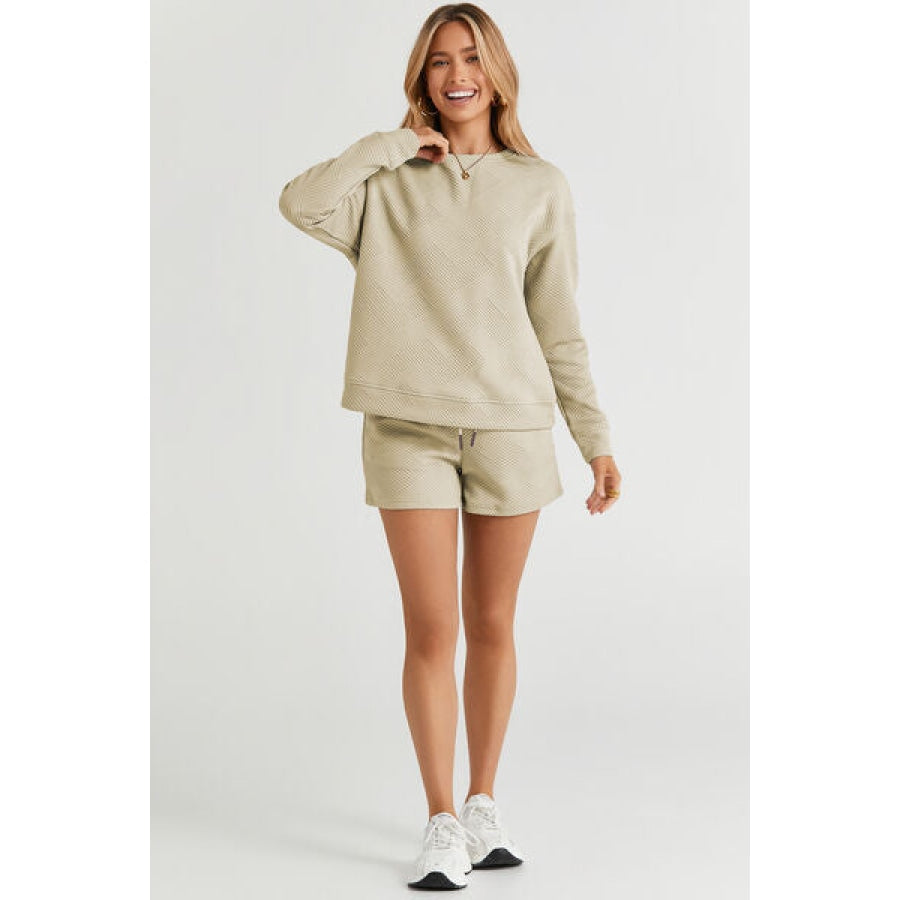 Double Take Full Size Texture Long Sleeve Top and Drawstring Shorts Set Clothing