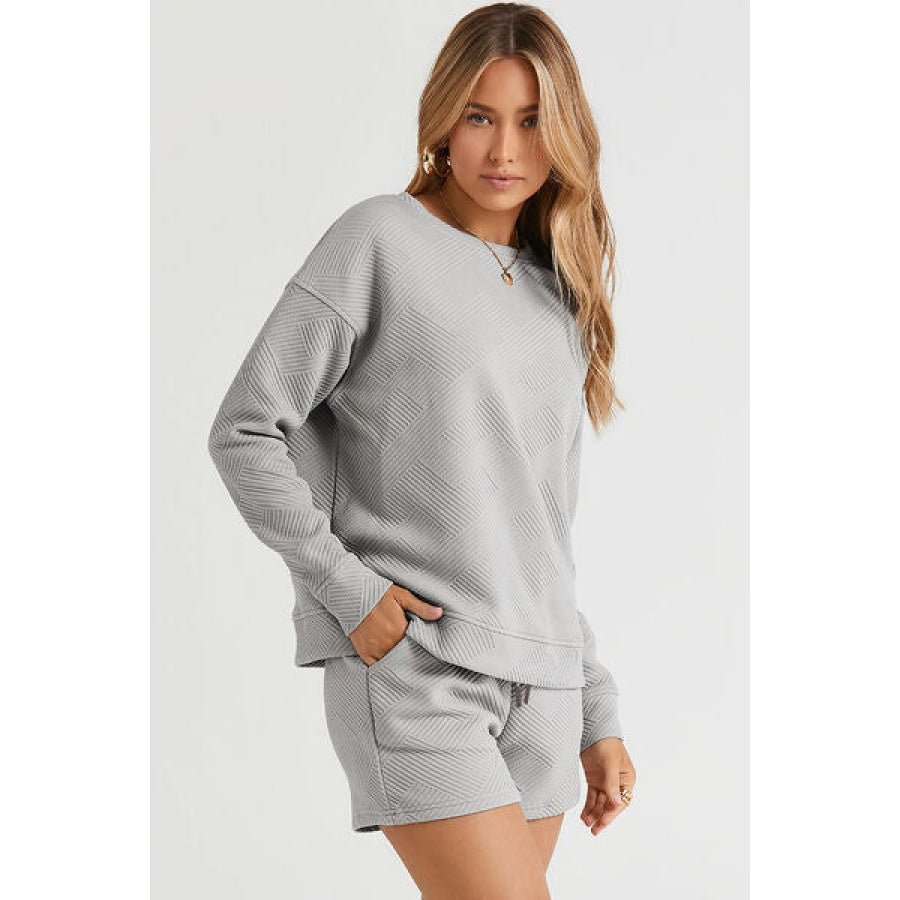 Double Take Full Size Texture Long Sleeve Top and Drawstring Shorts Set Clothing