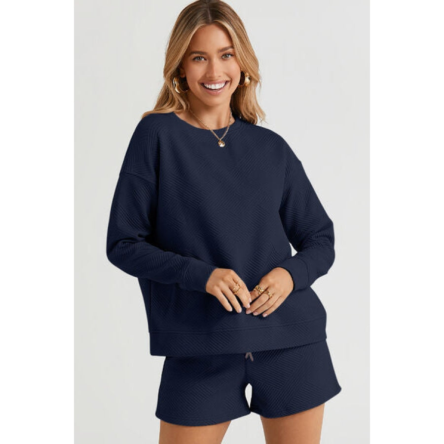 Double Take Full Size Texture Long Sleeve Top and Drawstring Shorts Set Clothing