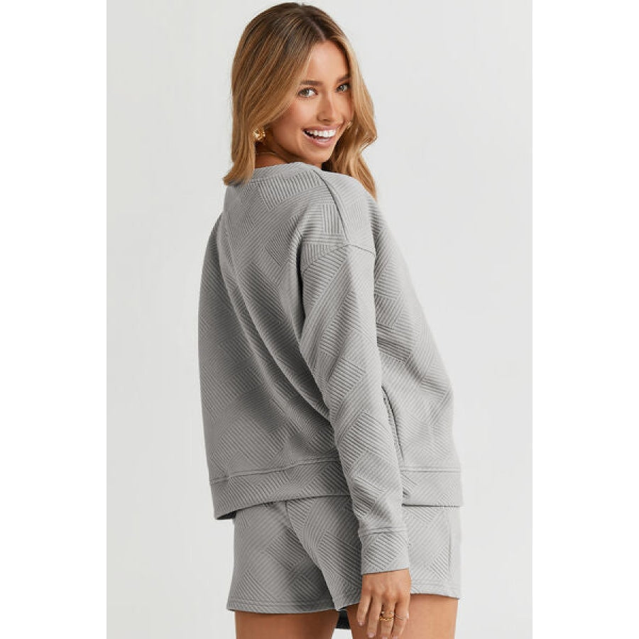 Double Take Full Size Texture Long Sleeve Top and Drawstring Shorts Set Clothing