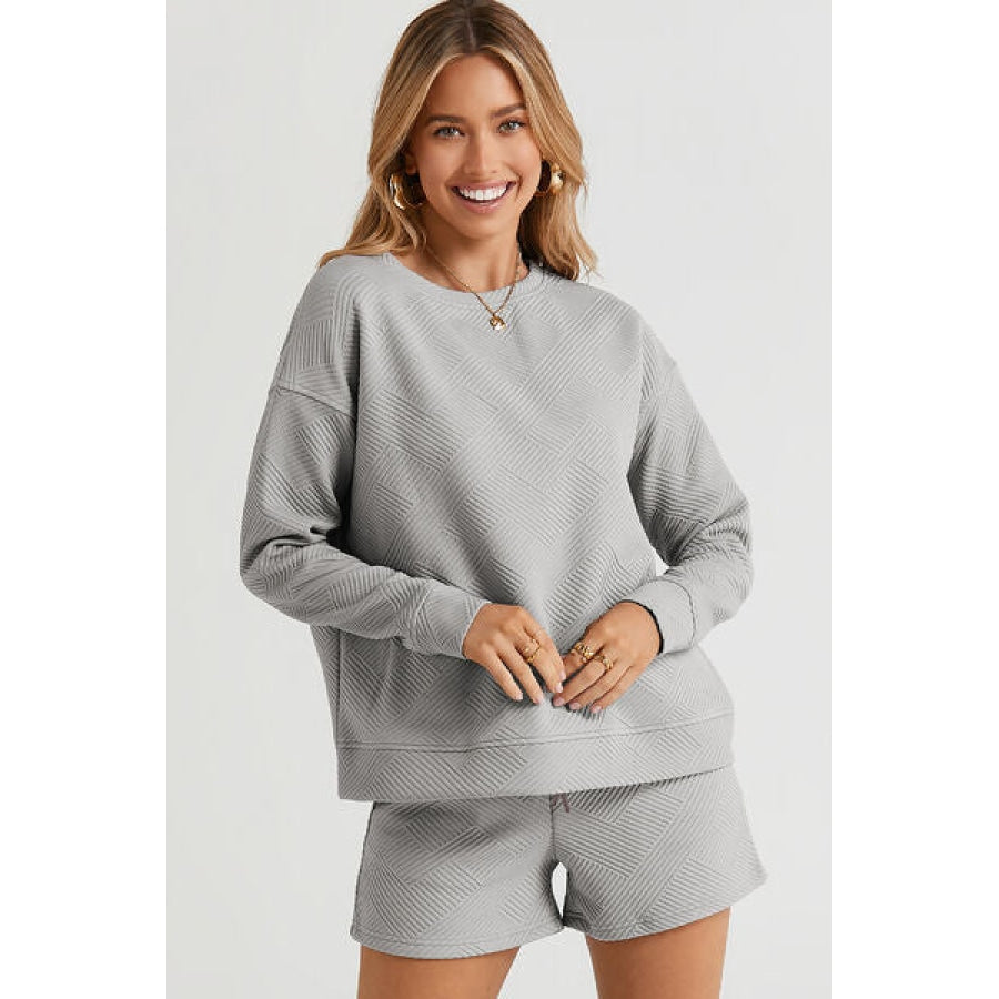 Double Take Full Size Texture Long Sleeve Top and Drawstring Shorts Set Cloudy Blue / S Clothing