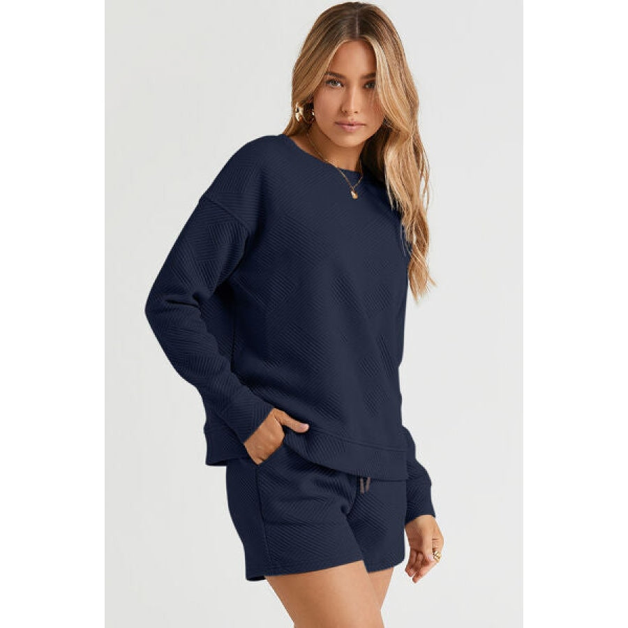 Double Take Full Size Texture Long Sleeve Top and Drawstring Shorts Set Navy / S Clothing