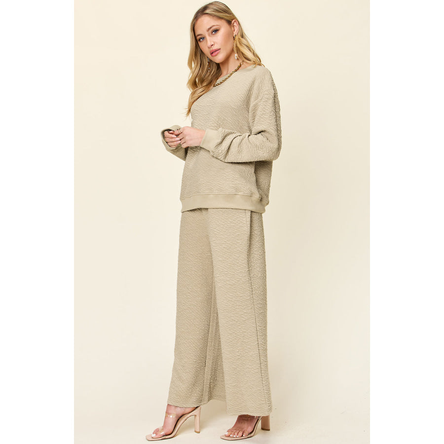 Double Take Full Size Texture Long Sleeve Top and Pants Set Apparel and Accessories