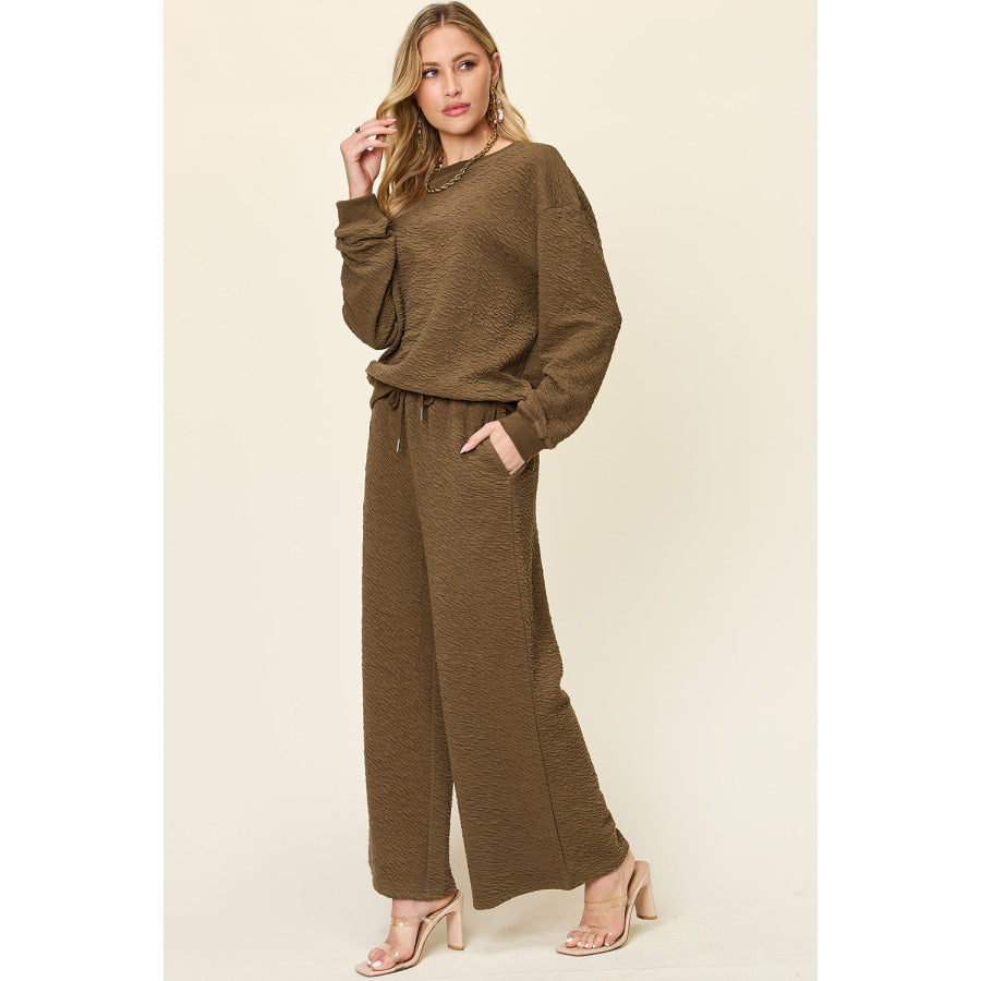 Double Take Full Size Texture Long Sleeve Top and Pants Set Apparel and Accessories