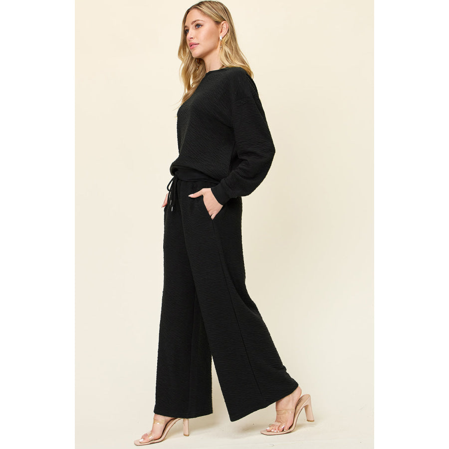 Double Take Full Size Texture Long Sleeve Top and Pants Set Apparel and Accessories