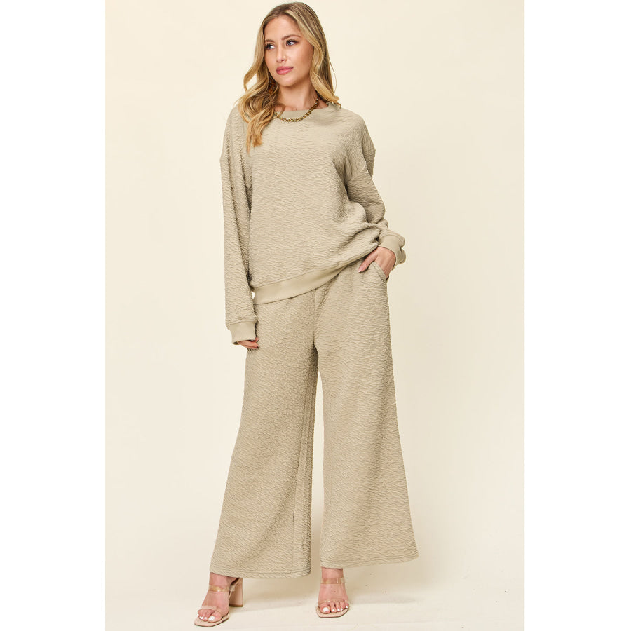 Double Take Full Size Texture Long Sleeve Top and Pants Set Apparel and Accessories