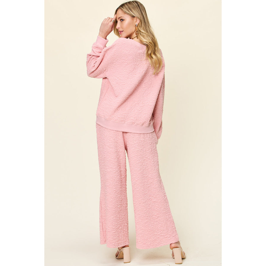 Double Take Full Size Texture Long Sleeve Top and Pants Set Apparel and Accessories