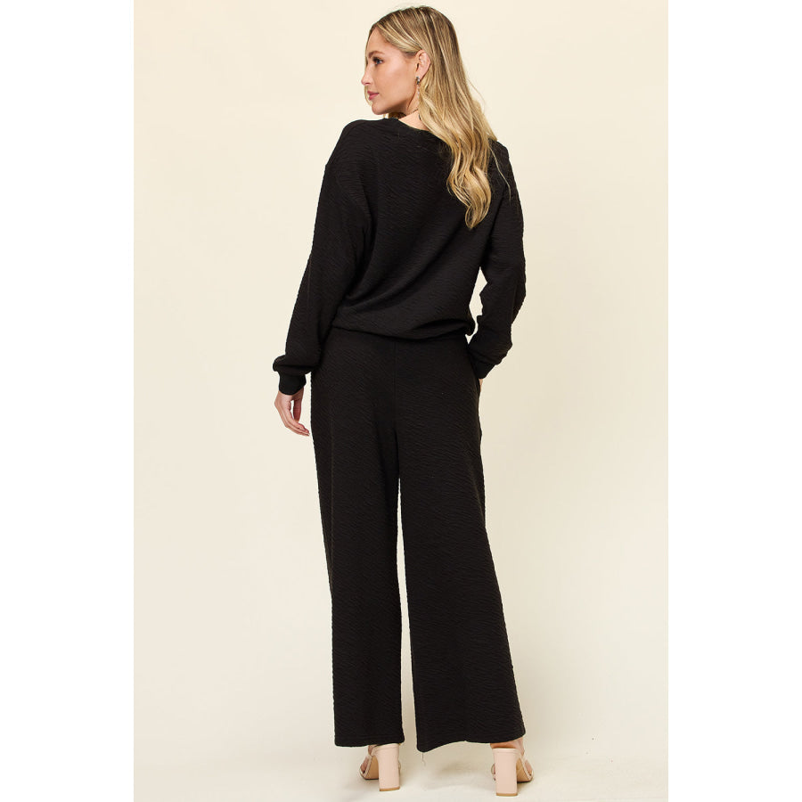 Double Take Full Size Texture Long Sleeve Top and Pants Set Apparel and Accessories