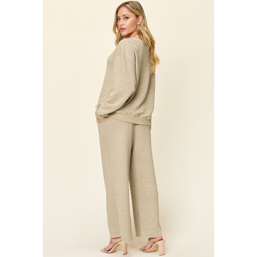 Double Take Full Size Texture Long Sleeve Top and Pants Set Apparel and Accessories