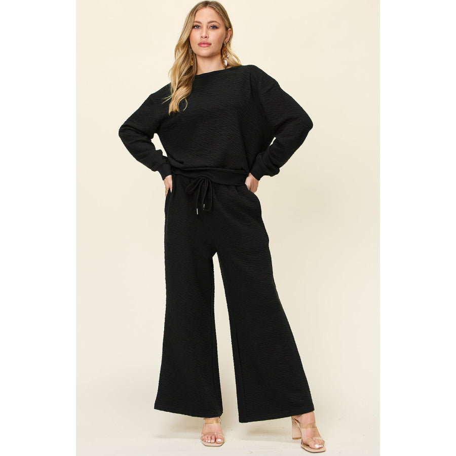 Double Take Full Size Texture Long Sleeve Top and Pants Set Black / S Apparel and Accessories