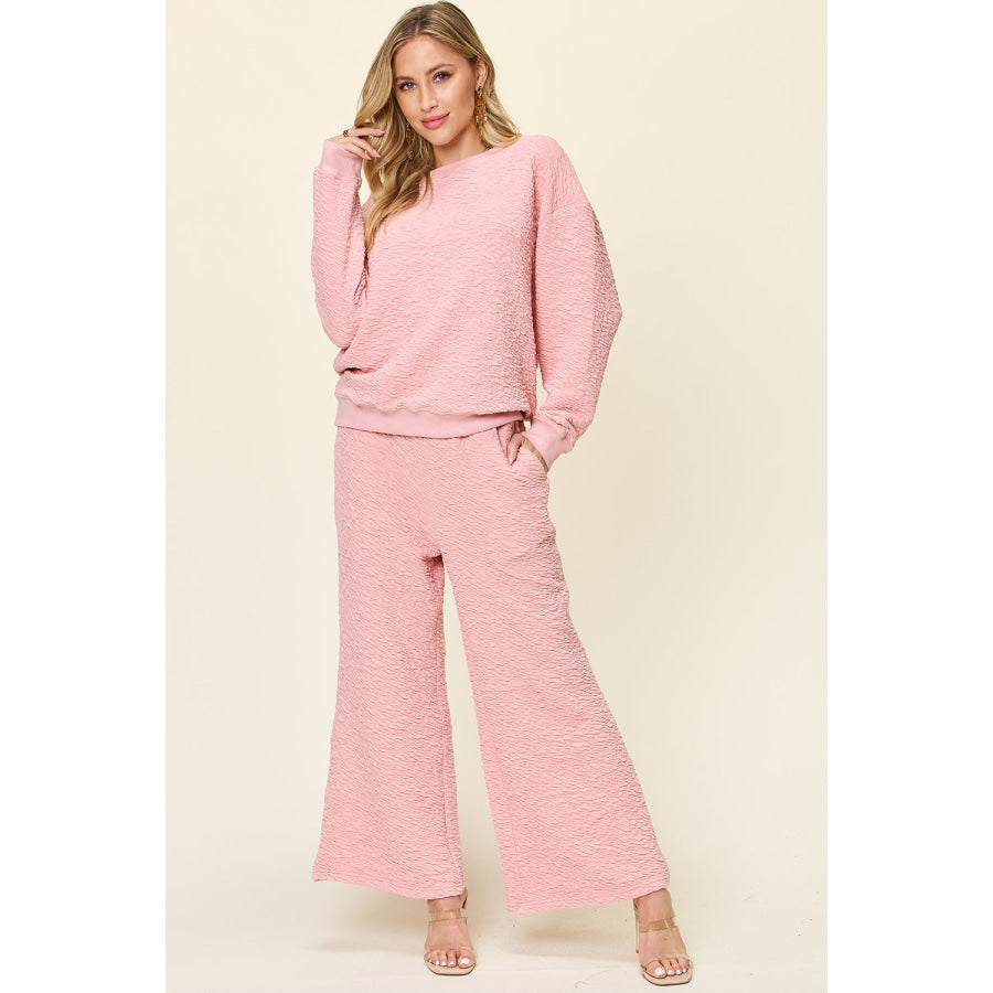 Double Take Full Size Texture Long Sleeve Top and Pants Set Dusty Pink / S Apparel and Accessories