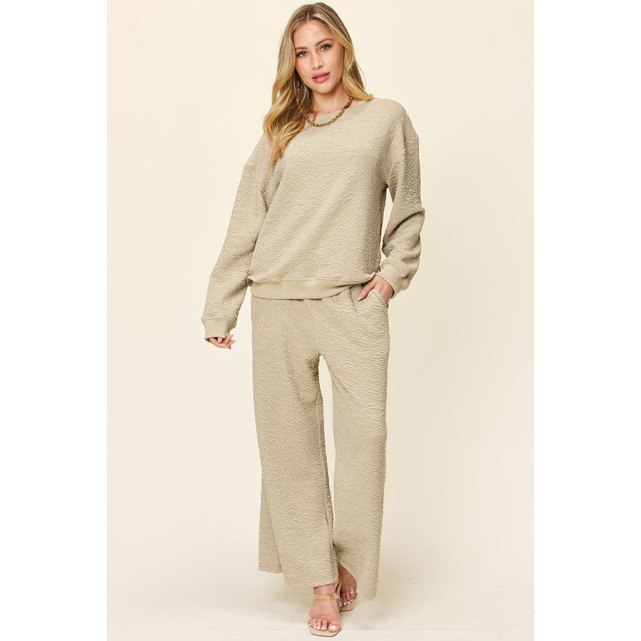 Double Take Full Size Texture Long Sleeve Top and Pants Set Tan / S Apparel and Accessories